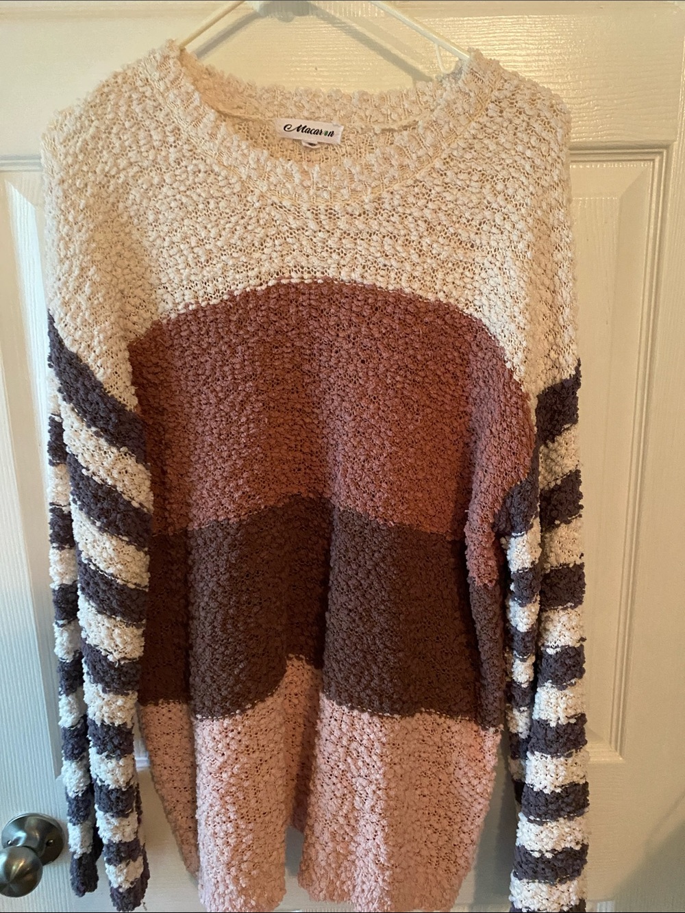 Macaron Cozy Colorblock Popcorn Knit Sweater - Cream & Brown